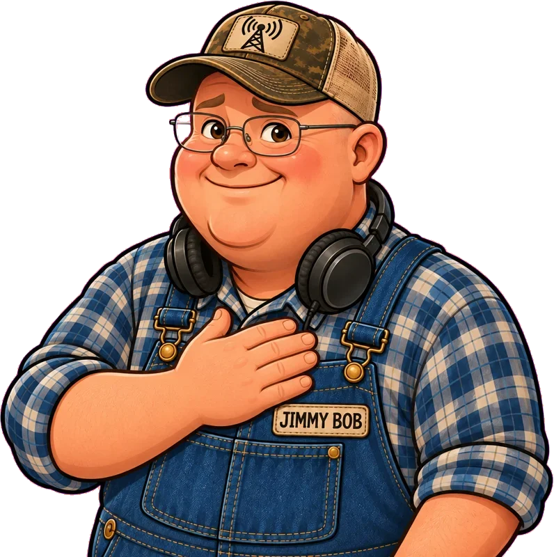 Jimmy Bob, a friendly cartoon mountain man in a trucker cap and overalls